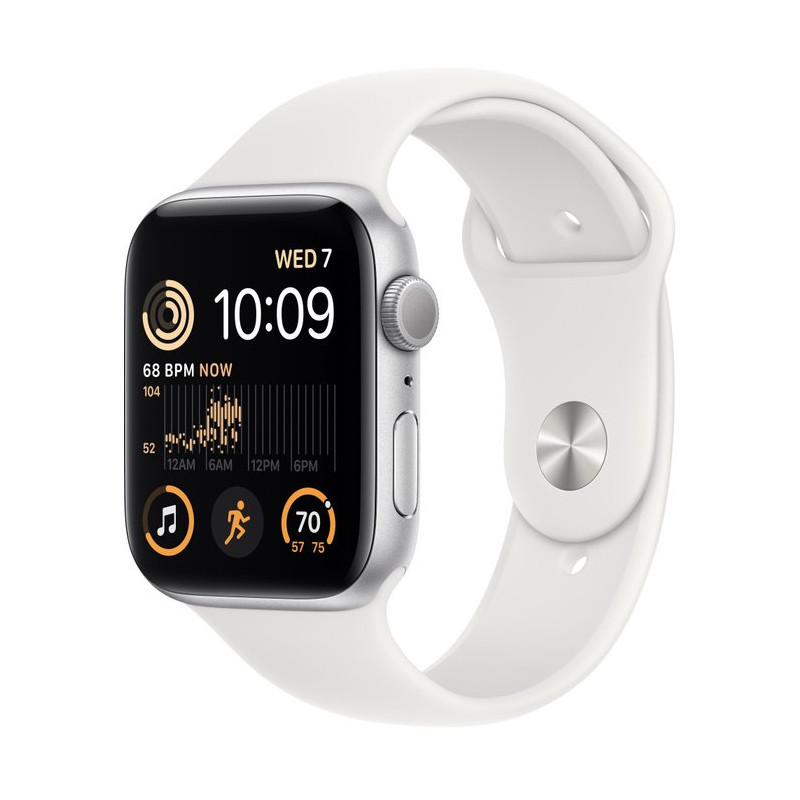 Apple Watch SE 2022 44mm (GPS) Silver Aluminum Case w. White Sport Band - Size S/M (MNTH3)