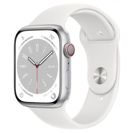 Apple Watch Series 8 45mm (GPS+LTE) Silver Aluminum Case with White Sport Band - Size M/L (MP4W3)