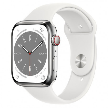 Apple Watch Series 8 45mm (GPS+LTE) Silver Stainless Steel Case with White Sport Band - Regular (MNKE3)