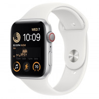 Apple Watch SE 2022 44mm (GPS+LTE) Silver Aluminum Case w. White Sport Band - Size S/M (MNU13)