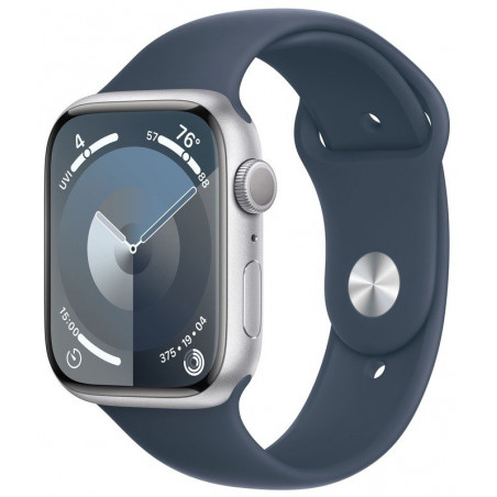 Apple Watch Series 9 41mm (GPS) Silver Aluminum Case with Storm Blue Sport Band - Size M/L (MR913Q)