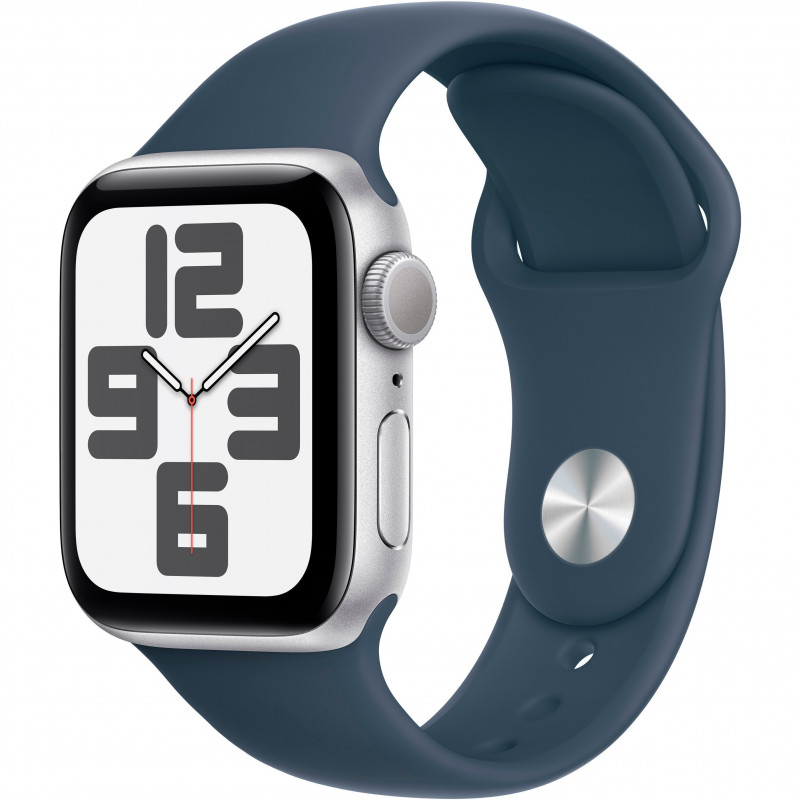 Apple Watch SE 2023 40mm (GPS) Silver Aluminum Case w. Storm Blue Sport Band - Size S/M (MRE13QP/A)