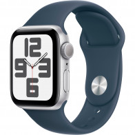 Apple Watch SE 2023 44mm (GPS) Silver Aluminum Case w. Storm Blue Sport Band - Size M/L (MREE3)