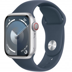 Apple Watch Series 9 41mm (GPS+LTE) Silver Aluminum Case with Storm Blue Sport Band - Size S/M (MRHV3)