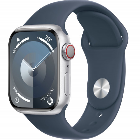 Apple Watch Series 9 41mm (GPS+LTE) Silver Aluminum Case with Storm Blue Sport Band - Size S/M (MRHV3)