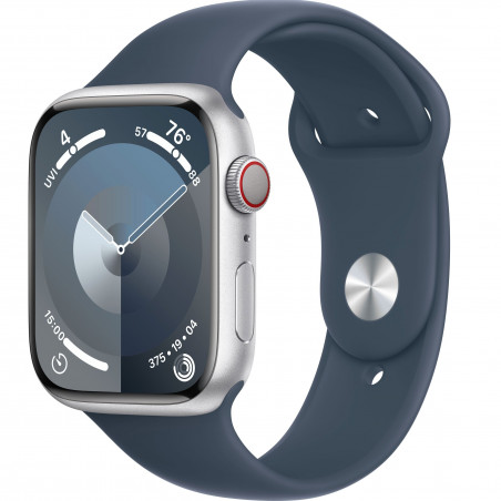 Apple Watch Series 9 45mm (GPS+LTE) Silver Aluminum Case with Storm Blue Sport Band - Size M/L (MRMH3)