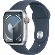 Apple Watch Series 9 41mm (GPS+LTE) Silver Aluminum Case with Storm Blue Sport Band - Size M/L (MRHW3)