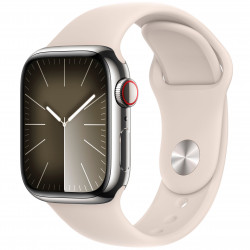 Apple Watch Series 9 41mm (GPS+LTE) Silver Stainless Steel Case with Starlight Sport Band - Size S/M (MT2U3,MRQ13)